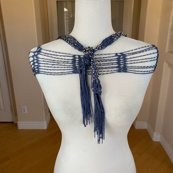 Two Pack Crocheted Beaded Necklace/Belt Jewelry Black/Silver and Blue/Silver - Picture 2 of 14